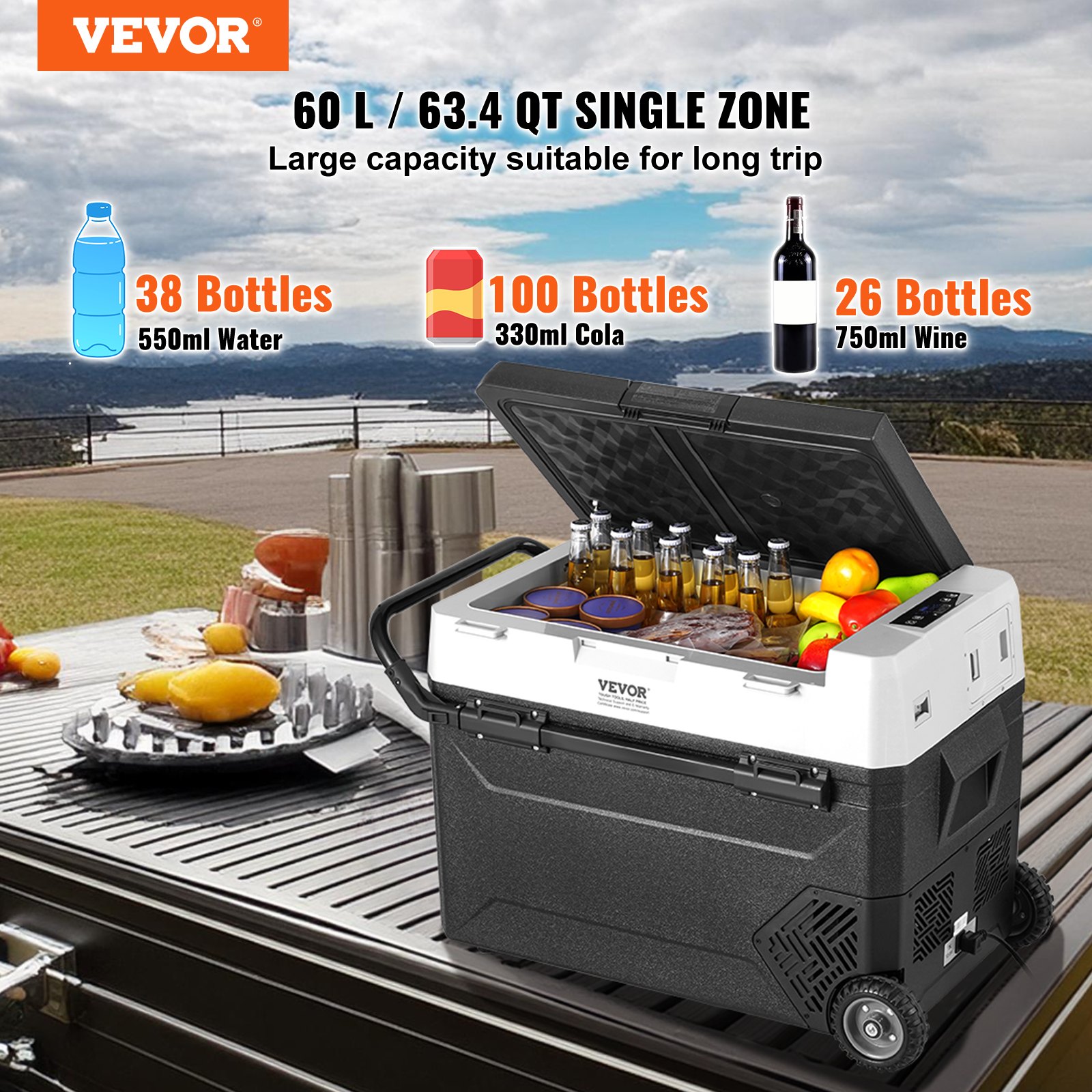 VEVOR Frigorifero Portatile per Auto, Frigorifero 12 V, Congelatore Portatile Zona Singola 60 L, Temperatura Regolabile - 20 ~ 20 ℃, Refrigeratore a Compressore per Casa, Esterno, Camper, Auto