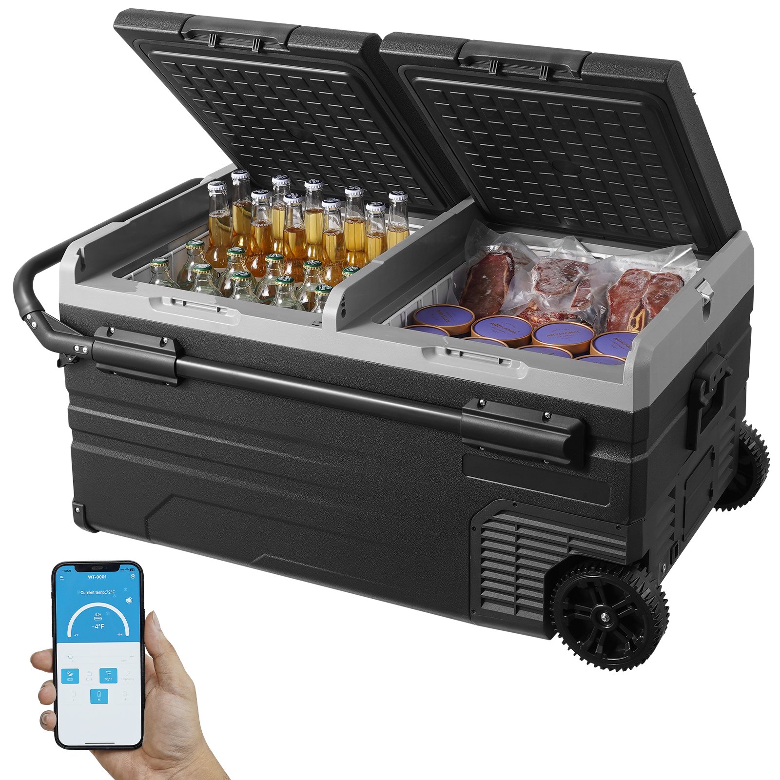 VEVOR Frigorifero per Auto, Congelatore Portatile Doppia Zona 95 L, 12 Volt, Gamma  -20 ~ 20 ℃, Dispositivo Raffreddamento a Compressore 12/24 V CC 100-240 V CA per Campeggio Camper con Ruote Maniglia