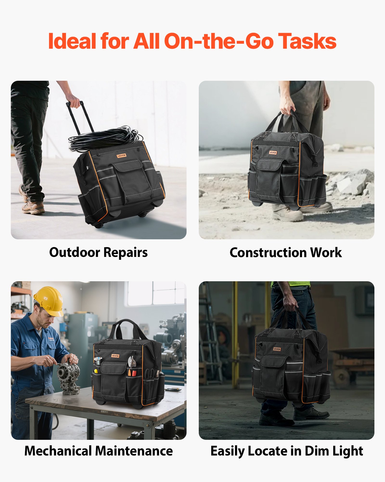 VEVOR Zaino Portautensili con Ruote, Capacità max. 50 kg, Borsa Portautensili con Ruote da 25 Tasche, Maniglia Telescopica Regolabile, 390 x 290 x 420 mm, Organizzatore per Borse per Lavoro