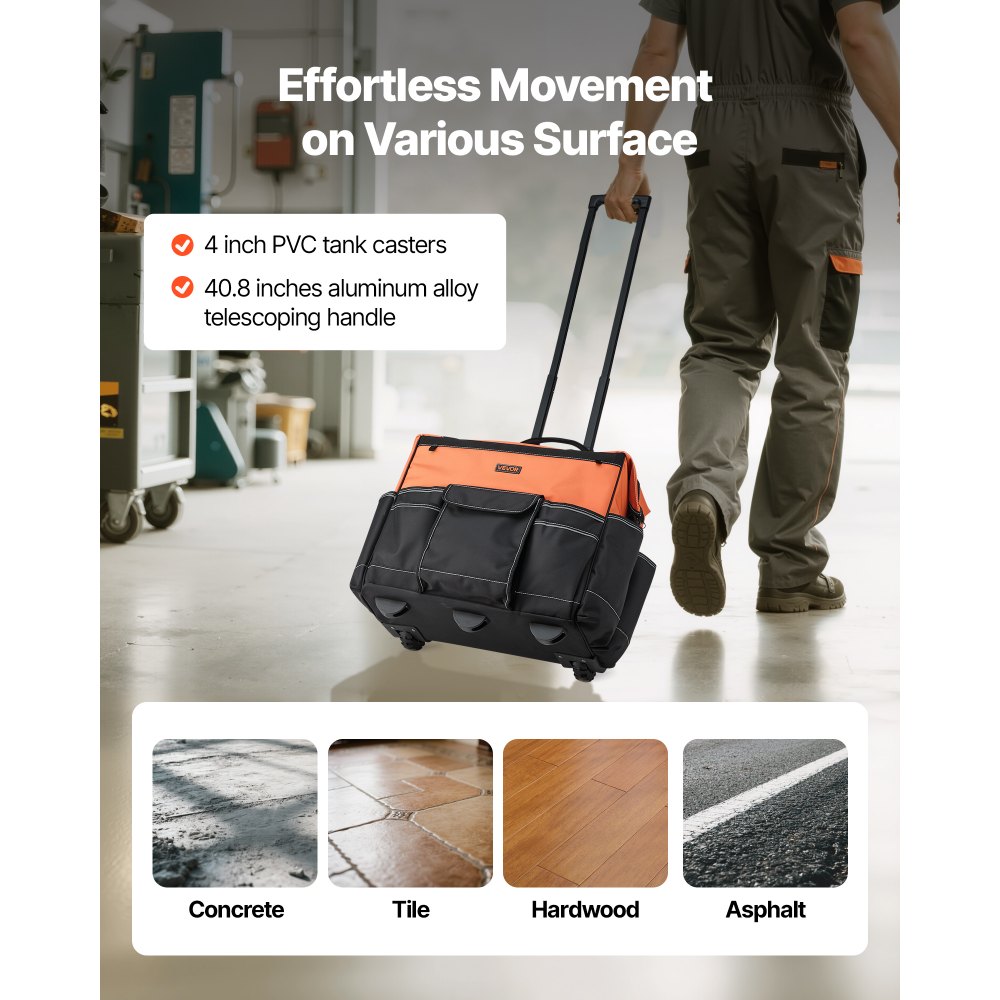 VEVOR Tool Bag with Wheels, 50 kg Load Capacity, 27 Pockets, Work Backpack with Adjustable Telescopic Handle & Stable Base, Tool Bag Organizer for Construction, Mechanics, 510x310x450 mm