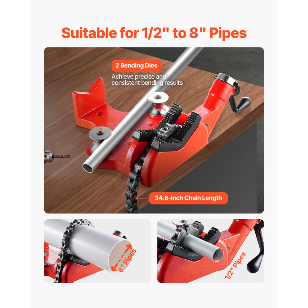 VEVOR chain pipe vise, pipe capacity 12.7-203.2 mm, robust 880 mm long chain & cast iron base, industrial-grade pipe clamping for plumbing, car repairs, metalworking