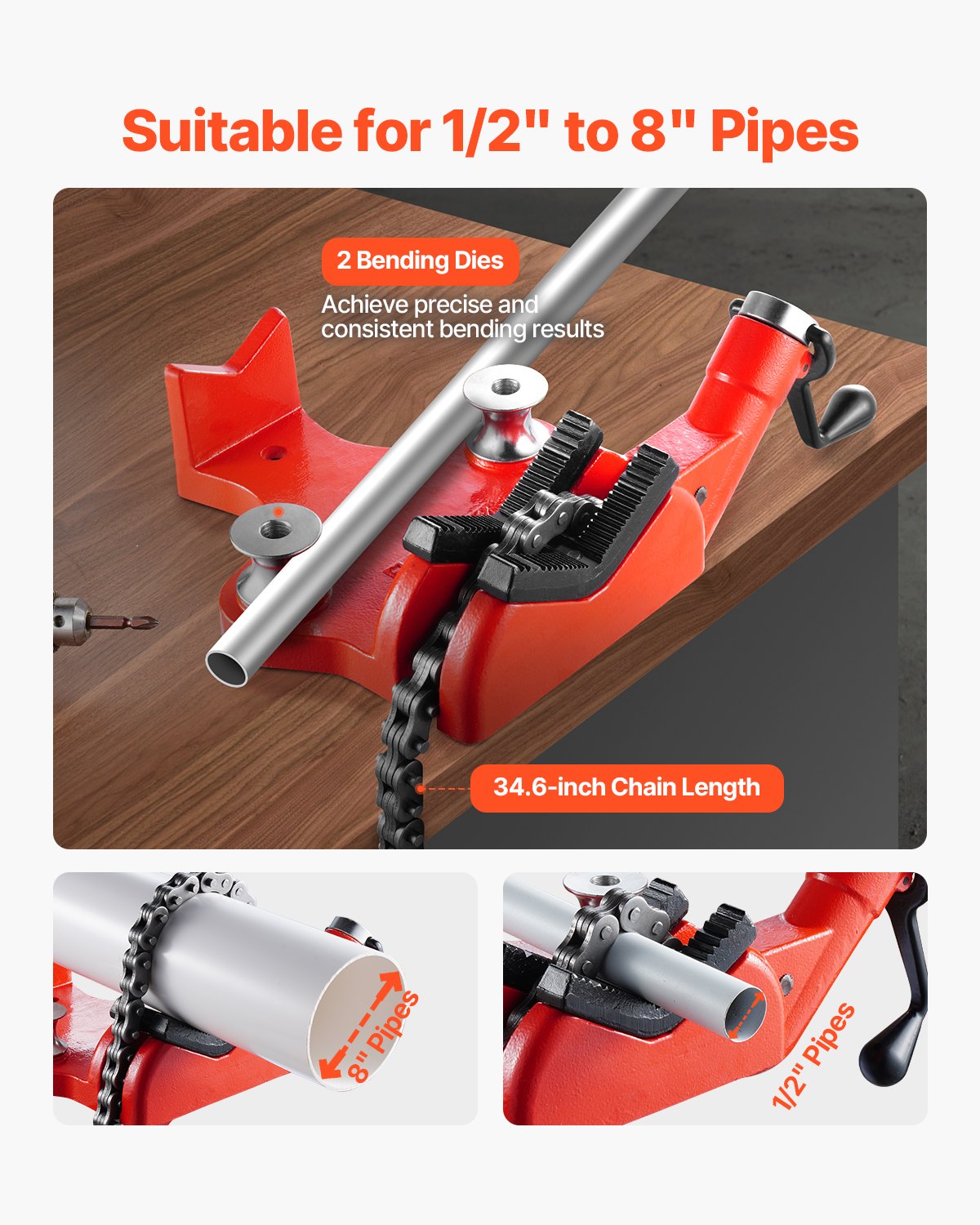 VEVOR chain pipe vise, pipe capacity 12.7-203.2 mm, robust 880 mm long chain & cast iron base, industrial-grade pipe clamping for plumbing, car repairs, metalworking