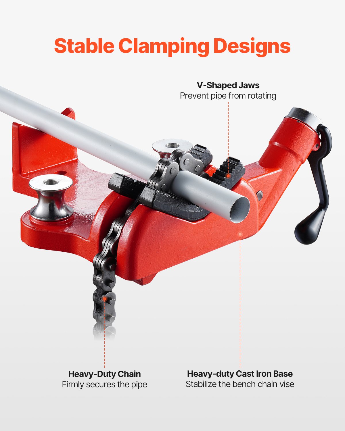 VEVOR chain pipe vise, pipe capacity 12.7-203.2 mm, robust 880 mm long chain & cast iron base, industrial-grade pipe clamping for plumbing, car repairs, metalworking