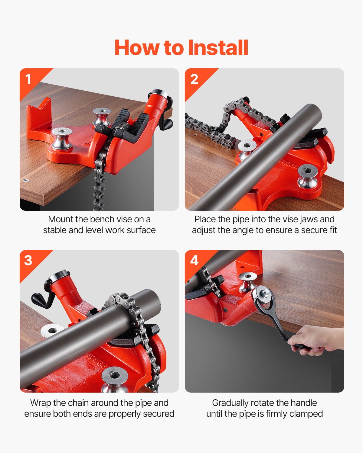 VEVOR chain pipe vise, pipe capacity 12.7-203.2 mm, robust 880 mm long chain & cast iron base, industrial-grade pipe clamping for plumbing, car repairs, metalworking