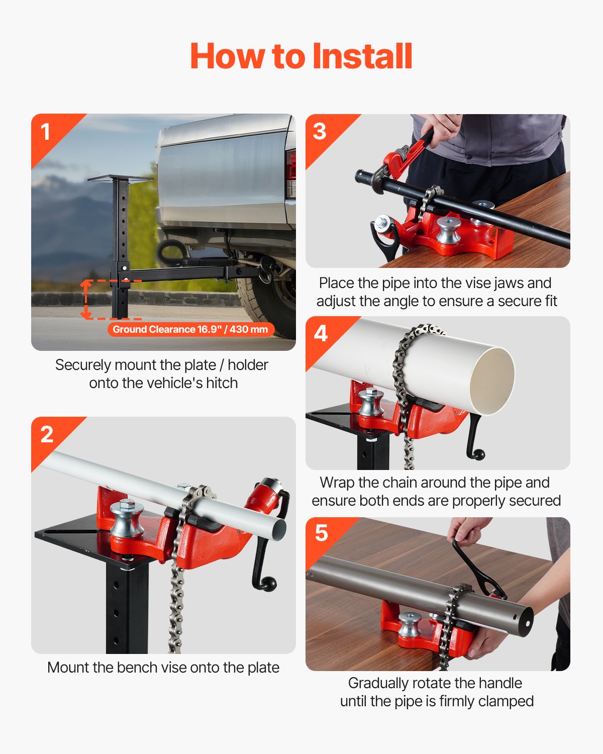 VEVOR Morsa a Catena per Tubi per Impieghi Gravosi, Catena Robusta da 660 mm e Base in Ghisa, Supporto per Piastra Morsa con Attacco a Gancio con Altezza Regolabile, Adatto a Ricevitori da 50 x 50 mm