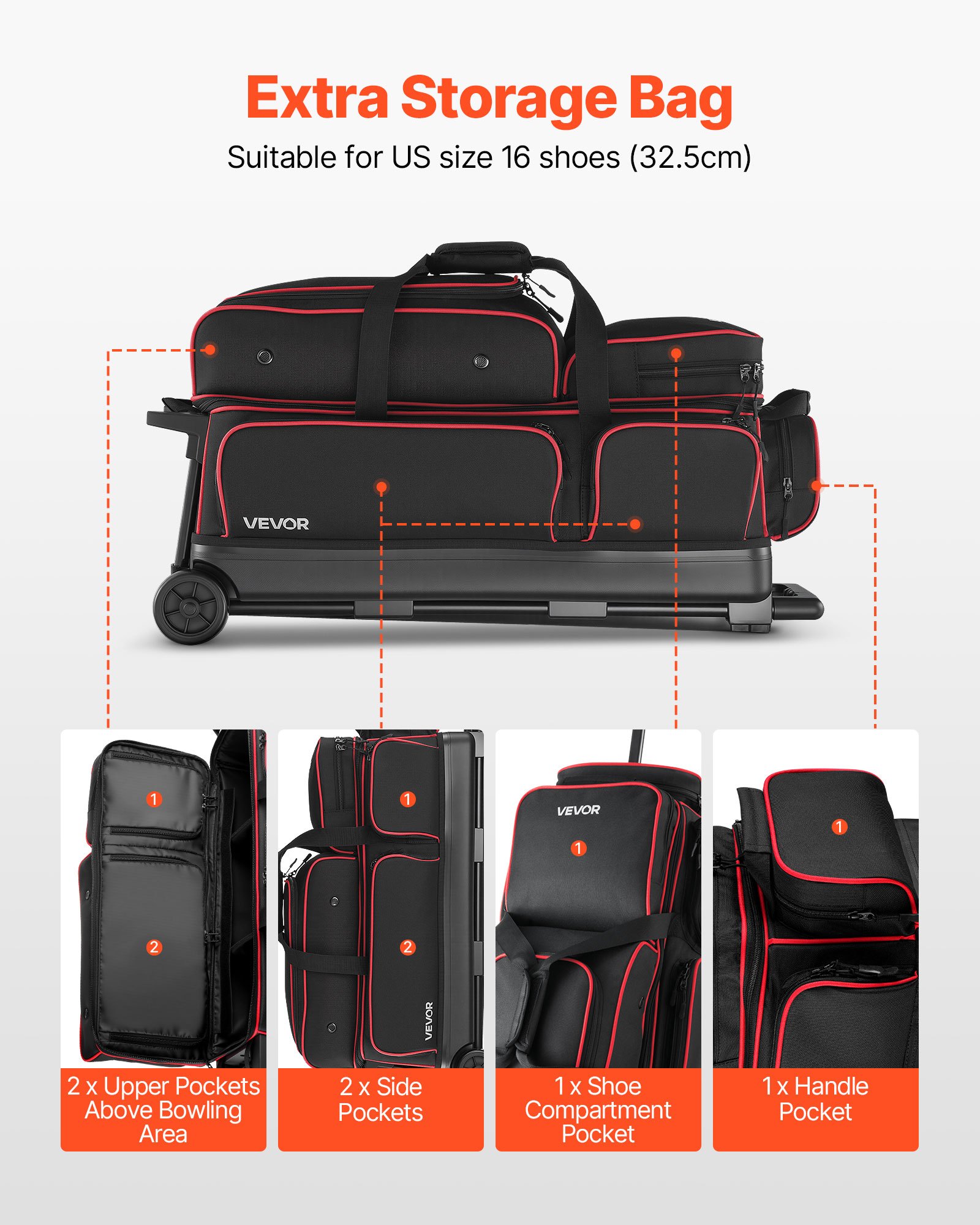 VEVOR Bowling Ball Bag, 3 Ball Double Roller Bowling Bag with Wheels, Featuring a Separate Compartment for Shoes (Up To US Size 16) & Oversized Accessory Pocket, Retractable Handle Extends to 1050 mm