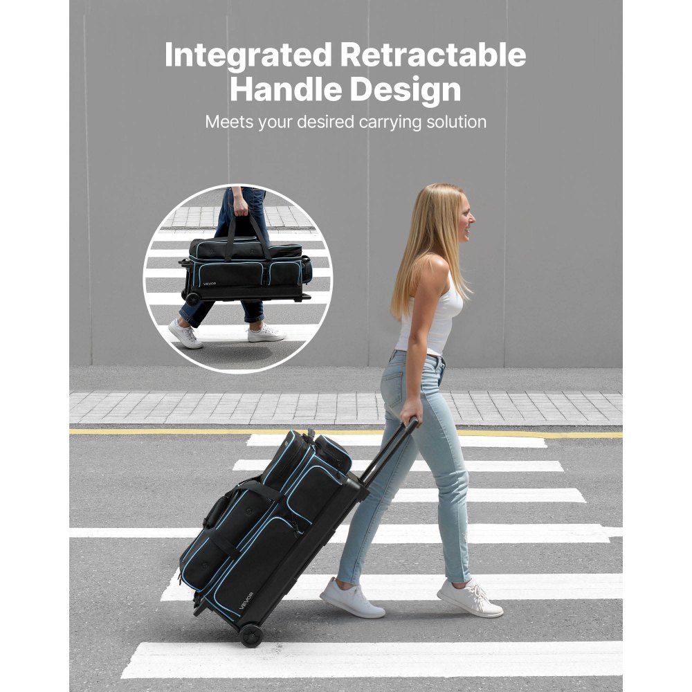 VEVOR Borsa da Bowling per 3 Palle con Ruote Doppie e Scomparto Separato per le Scarpe, Fino alla Taglia USA 16, Tasca per Accessori, Maniglia Retrattile Estensibile Fino a 105 cm Nero Blu