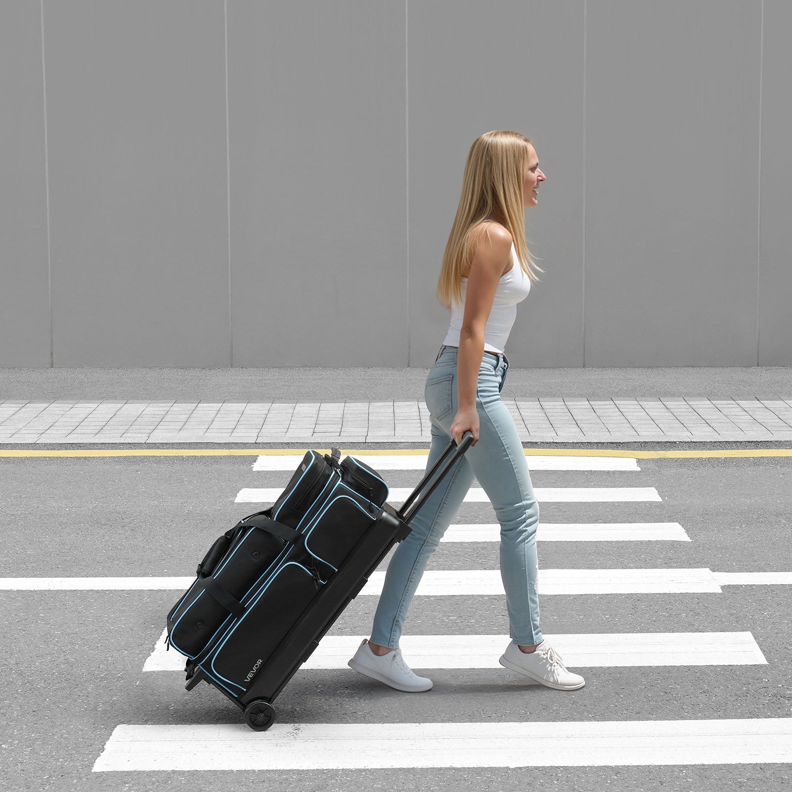 VEVOR Borsa da Bowling per 3 Palle con Ruote Doppie e Scomparto Separato per le Scarpe, Fino alla Taglia USA 16, Tasca per Accessori, Maniglia Retrattile Estensibile Fino a 105 cm Nero Blu