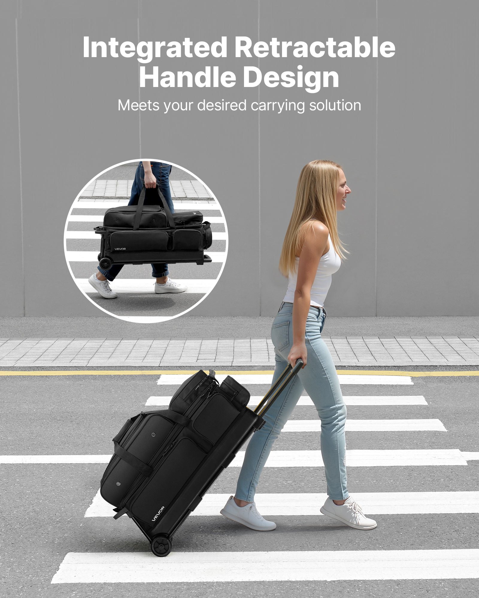 VEVOR Borsa da Bowling per 3 Palle con Ruote Doppie e Scomparto Separato per le Scarpe, Fino alla Taglia USA 16, Tasca per Accessori, Maniglia Retrattile Estensibile Fino a 105 cm Nero