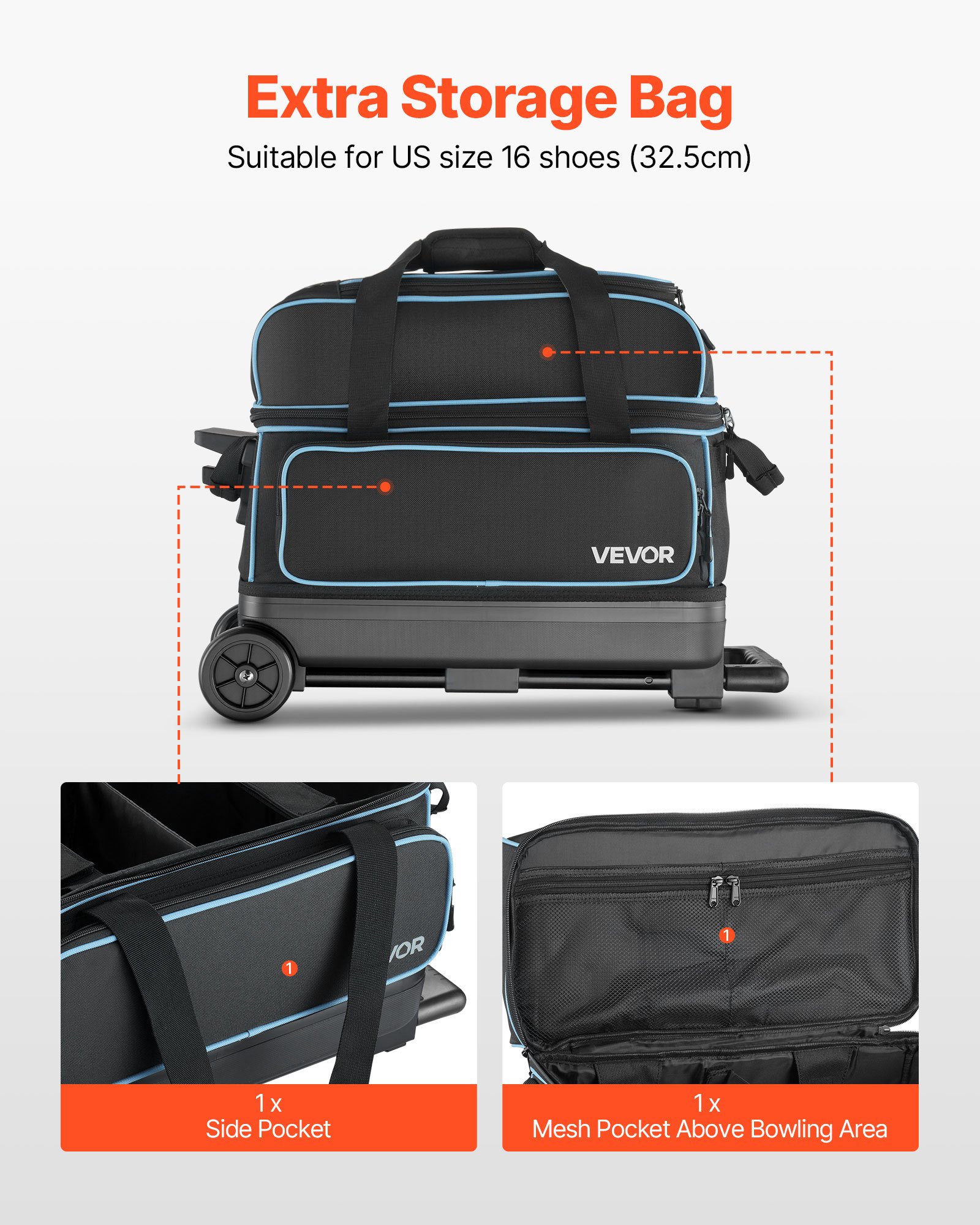 VEVOR Bowling Ball Bag, 2 Ball Double Roller Bowling Bag with Wheels, Featuring a Separate Compartment for Shoes (Up To US Size 16) & Oversized Accessory Pocket, Retractable Handle Extends to 1050 mm