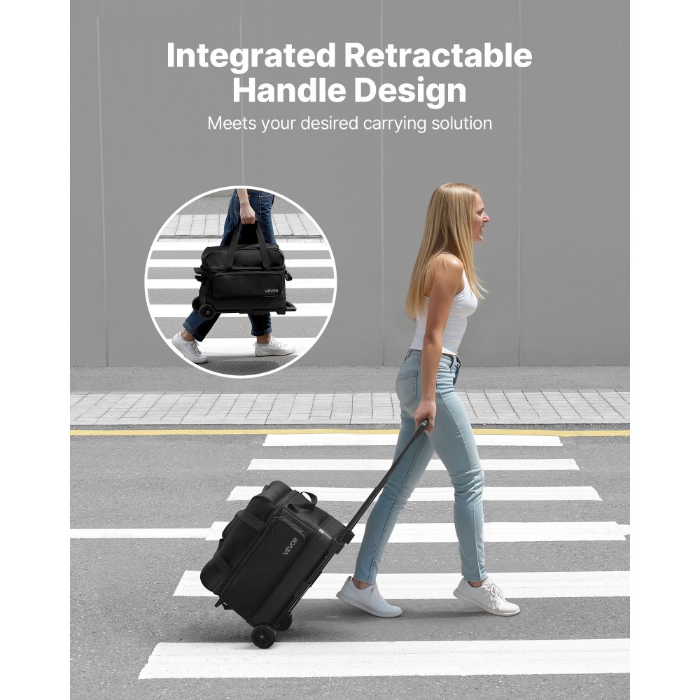 VEVOR Borsa da Bowling per 2 Palle con Ruote Doppie e Scomparto Separato per le Scarpe, Fino alla Taglia USA 16, Tasca per Accessori, Maniglia Retrattile Estensibile Fino a 105 cm Nero