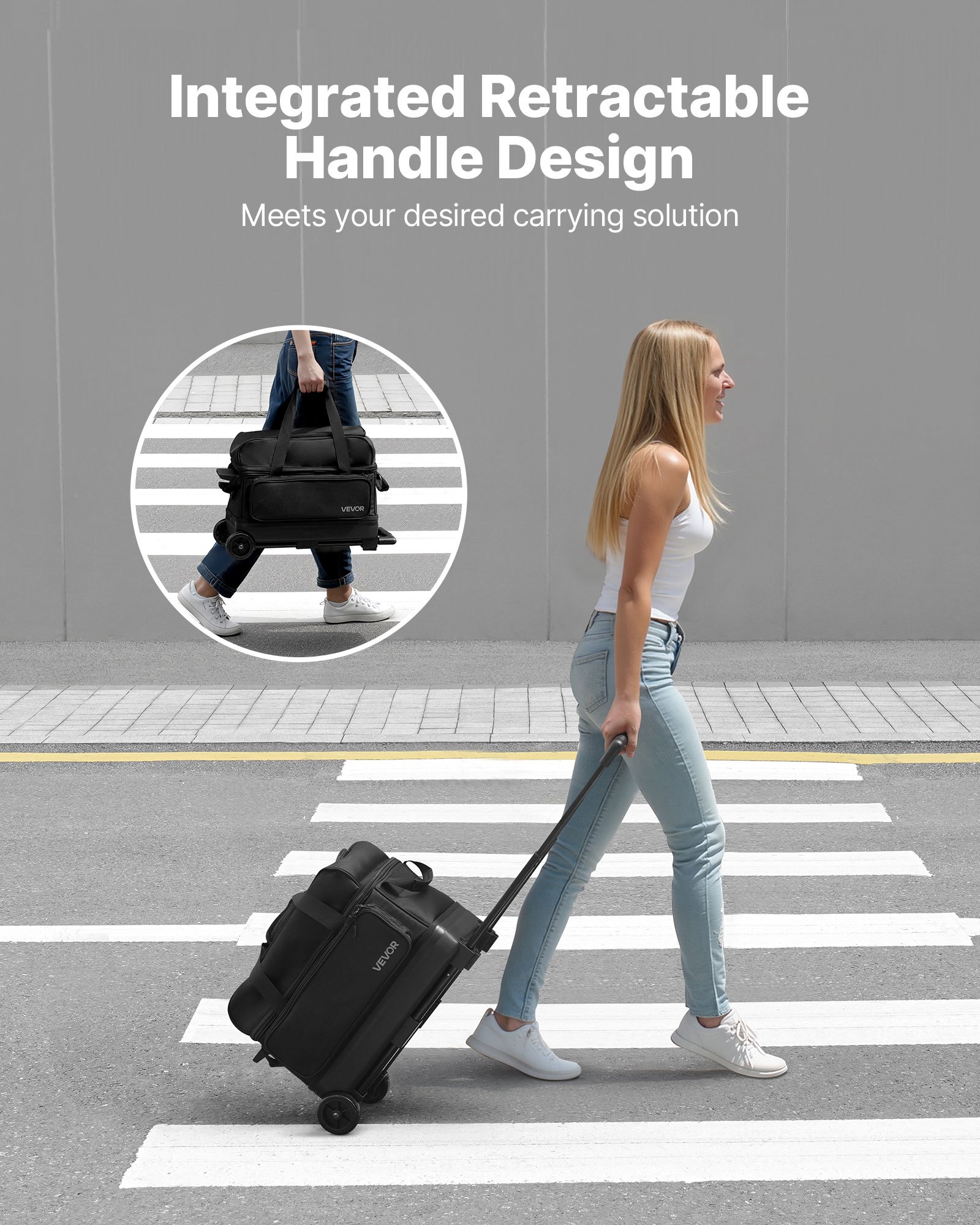 VEVOR Borsa da Bowling per 2 Palle con Ruote Doppie e Scomparto Separato per le Scarpe, Fino alla Taglia USA 16, Tasca per Accessori, Maniglia Retrattile Estensibile Fino a 105 cm Nero