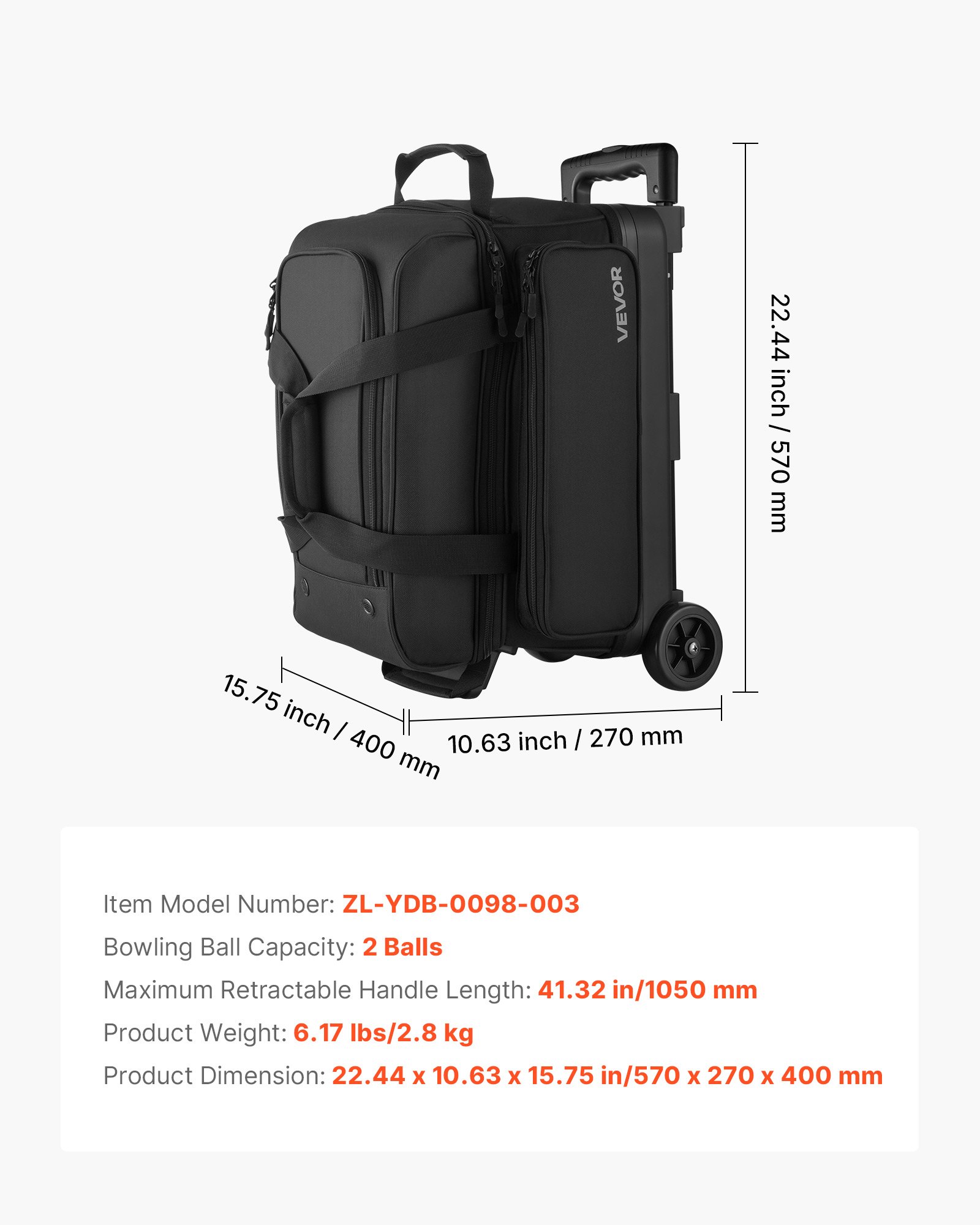 VEVOR Borsa da Bowling per 2 Palle con Ruote Doppie e Scomparto Separato per le Scarpe, Fino alla Taglia USA 16, Tasca per Accessori, Maniglia Retrattile Estensibile Fino a 105 cm Nero