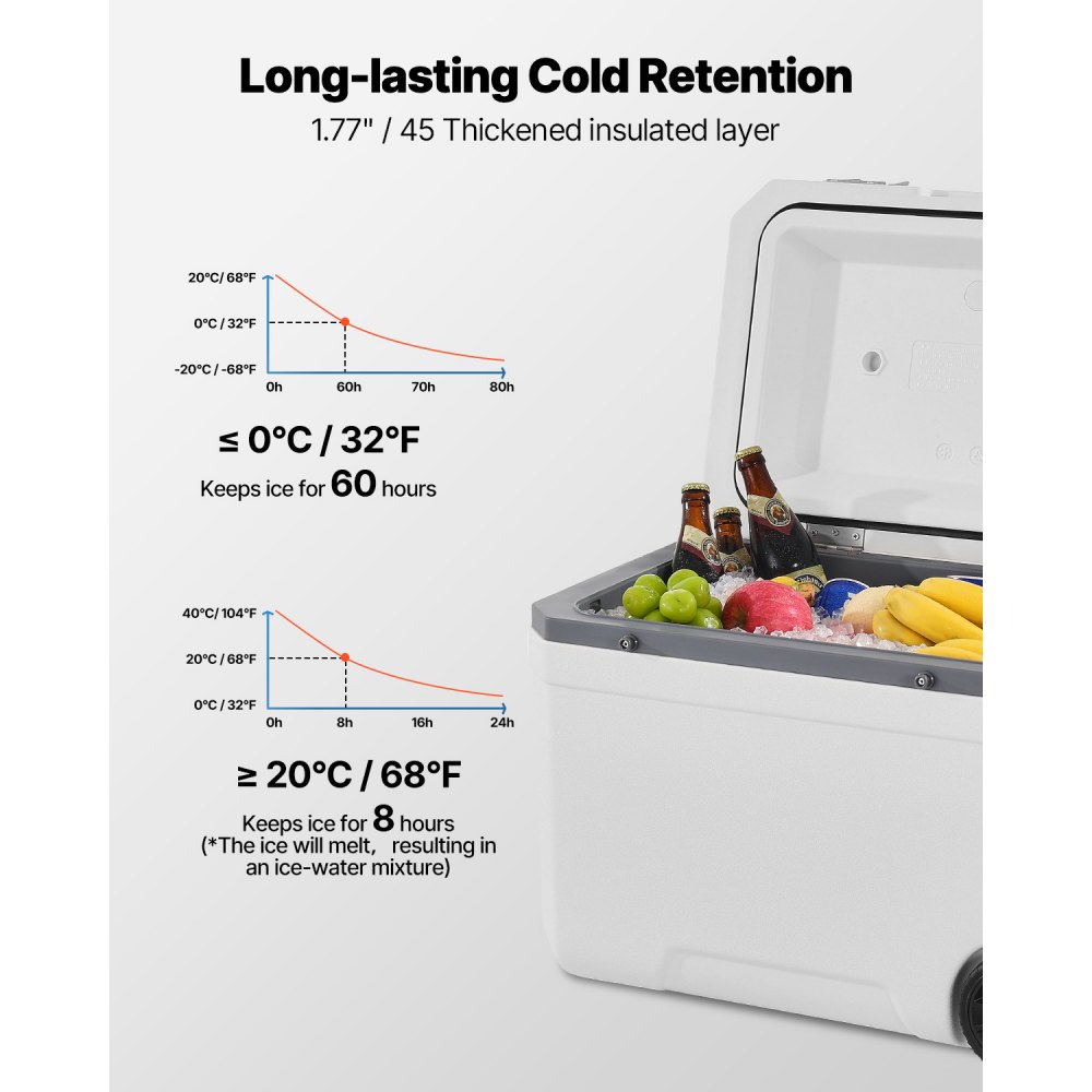 VEVOR Refrigeratore Portatile Isolante con Ruote da 45 QT con Ritenzione del Ghiaccio, Maniglie Resistenti Portabicchieri, Refrigeratore Portatile Isolato per Picnic Campeggio Viaggio Feste