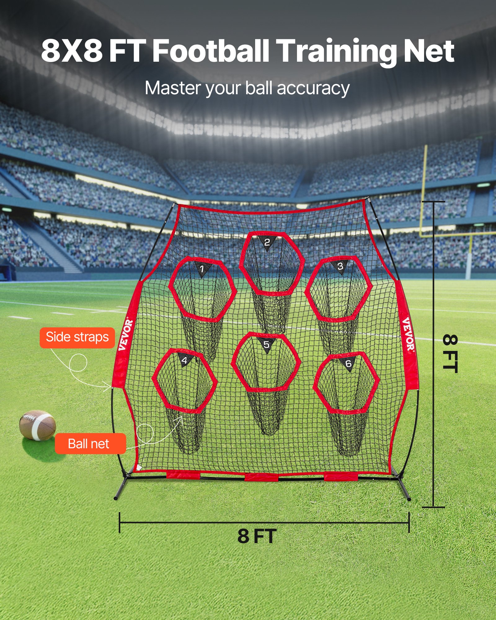 VEVOR Rete da Allenamento Portatile Rete Rimbalzo per Calcio Rugby Baseball 274 x 106 x 243 cm con 6 Tasche per Bersagli, Borsa Portaoggetti Portatile e Cinghie, Allenamento con Bersaglio, Rosso