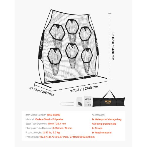 Rete Da Allenamento Portatile VEVOR – 2.7x1.06x2.43 M, Con 6 Tasche Bersaglio, Per Calcio, Rugby E Baseball