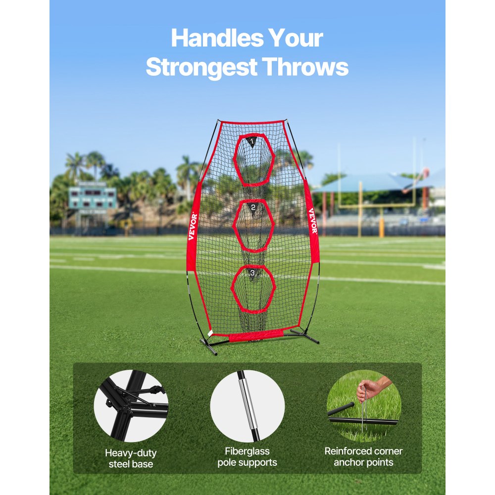 VEVOR Rete da Allenamento Portatile Rete Rimbalzo per Calcio Rugby Baseball 168 x 77 x 245 cm con 3 Tasche per Bersagli, Borsa Portaoggetti Portatile e Cinghie, Allenamento con Bersaglio, Rossa