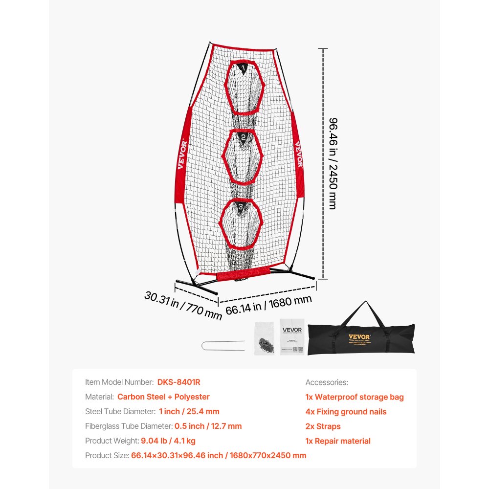 VEVOR Rete da Allenamento Portatile Rete Rimbalzo per Calcio Rugby Baseball 168 x 77 x 245 cm con 3 Tasche per Bersagli, Borsa Portaoggetti Portatile e Cinghie, Allenamento con Bersaglio, Rossa