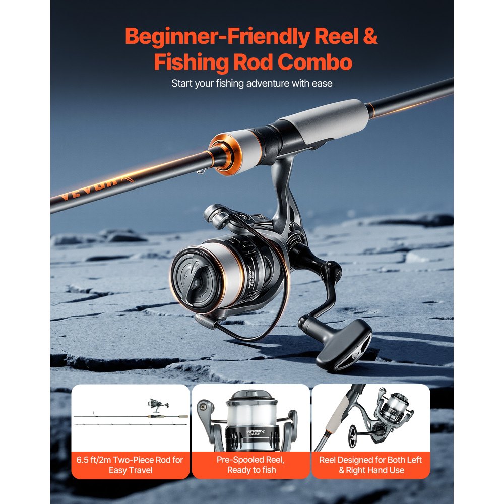 VEVOR Set di Canna da Pesca Telescopica in Fibra Carbonio, Canna in Due Pezzi da 2 m da Pesca al Spigola Nera e Set Mulinello da Spinning con Cuscinetti a Sfera, per Acqua Salata e Dolce