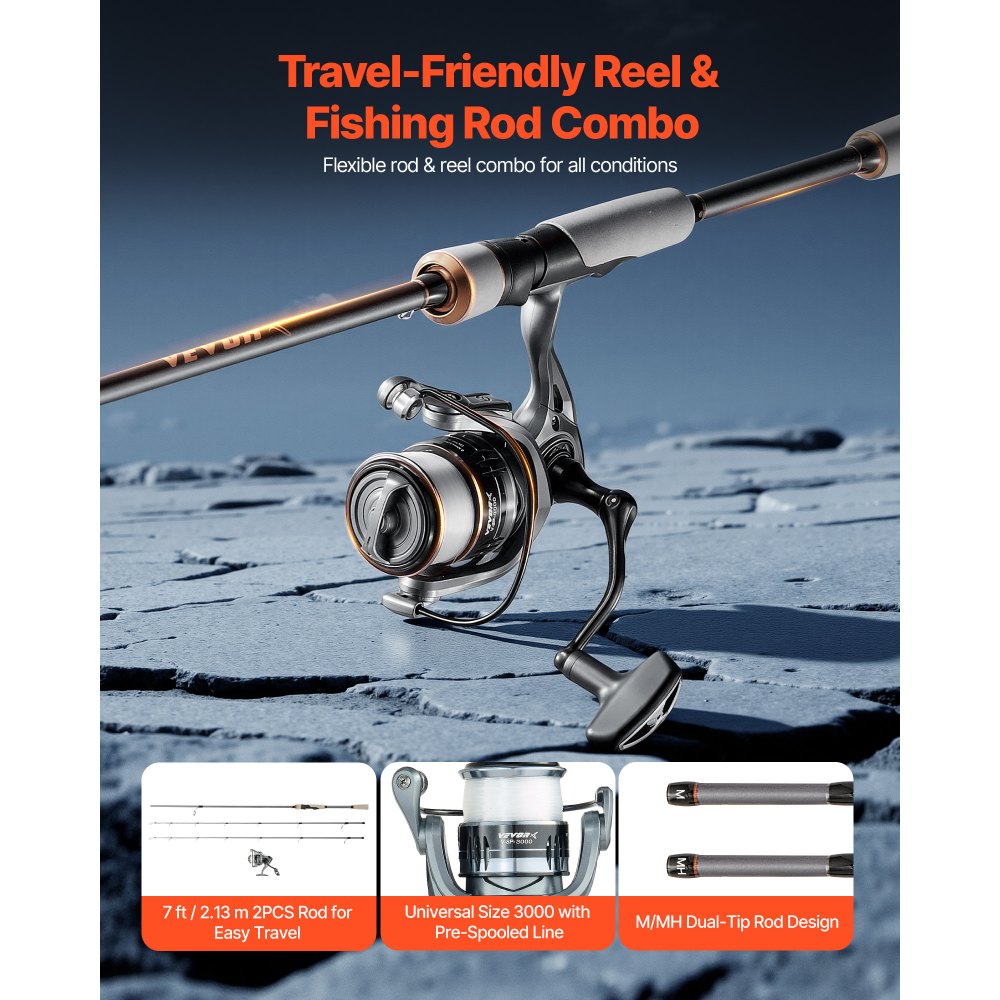 VEVOR Rod and Fishing Reel Combo, IM7 Carbon Fiber Spinning Rod and Reel Combo, Bass Fishing Pole with 2.13m Two-Piece Rods, 7+1 Ball Bearings, EVA Handle, Stainless Steel Guides with Ceramic Rings