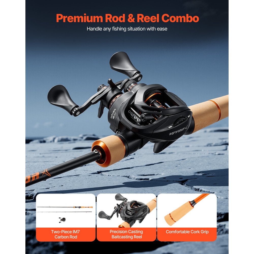 VEVOR Rod and Fishing Reel Combo, IM7 Carbon Fiber Baitcasting Rod and Reel Combo, Bass Fishing Pole with 6+1 BB System, 7.0:1 Gear Ratio, Cork Handle, Stainless Steel Guides with Ceramic Rings