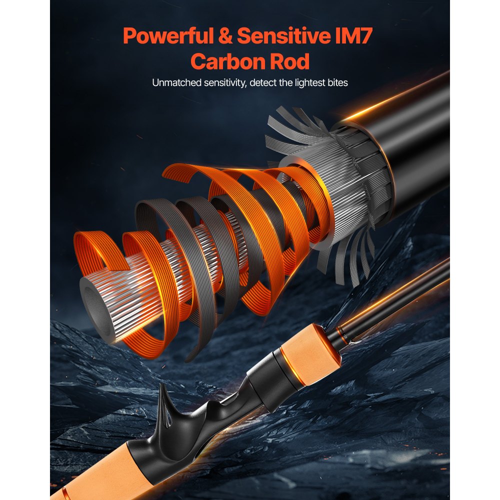 VEVOR Rod and Fishing Reel Combo, IM7 Carbon Fiber Baitcasting Rod and Reel Combo, Bass Fishing Pole with 6+1 BB System, 7.0:1 Gear Ratio, Cork Handle, Stainless Steel Guides with Ceramic Rings