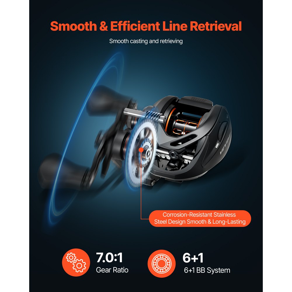 VEVOR Rod and Fishing Reel Combo, IM7 Carbon Fiber Baitcasting Rod and Reel Combo, Bass Fishing Pole with 6+1 BB System, 7.0:1 Gear Ratio, Cork Handle, Stainless Steel Guides with Ceramic Rings