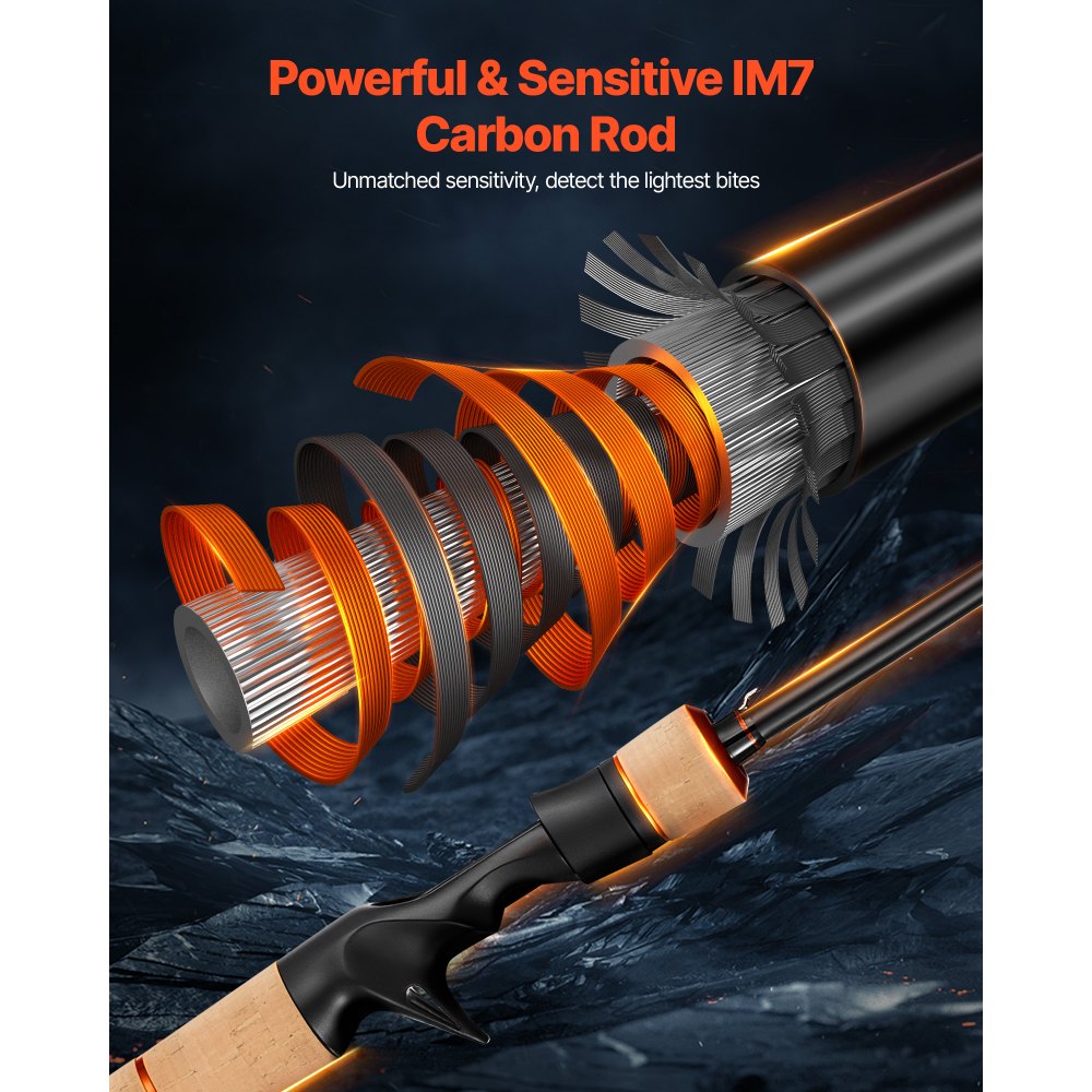 VEVOR Rod and Fishing Reel Combo, IM7 Carbon Fiber Baitcasting Rod and Reel Combo, Bass Fishing Pole with 6+1 BB System, 7.0:1 Gear Ratio, Cork Handle, Stainless Steel Guides with Ceramic Rings