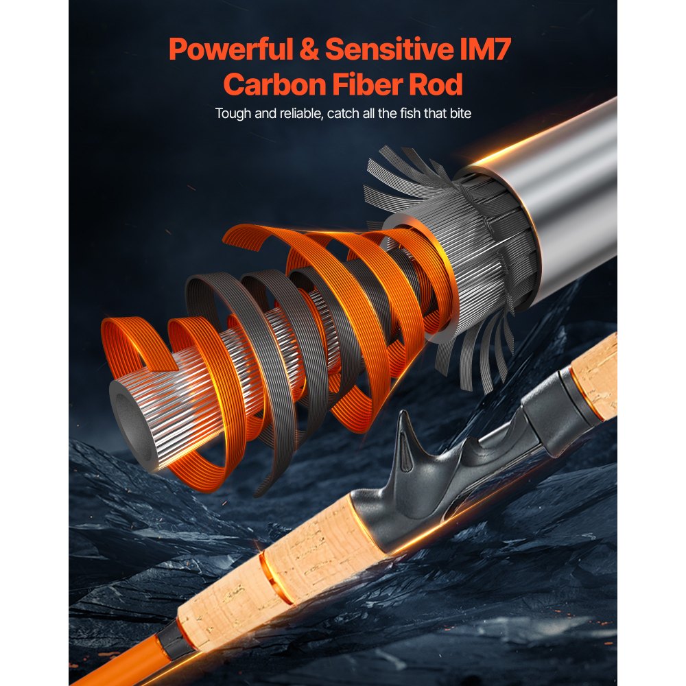 VEVOR Rod and Fishing Reel Combo, IM7 Carbon Fiber Baitcasting Rod and Reel Combo, Bass Fishing Pole with 7+1 BB System, 7.0:1 Gear Ratio, Cork Handle, Stainless Steel Guides with Ceramic Rings