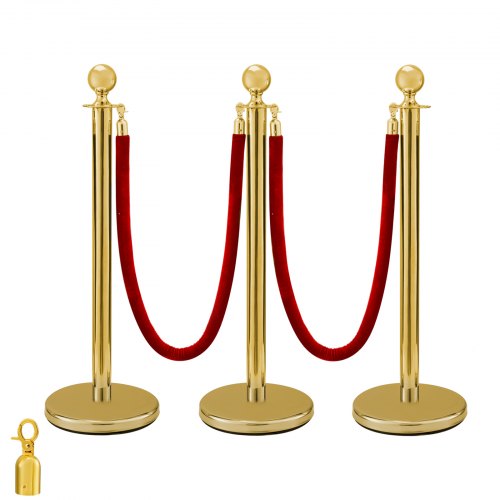 Stainless Steel Crowd Control Stanchions And Velvet Ropes Ball Round Top Gold Pillar 2 Red Ropes 1.5m 3pack