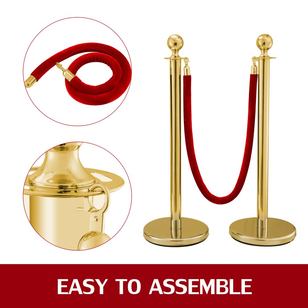 Stainless Steel Crowd Control Stanchions And Velvet Ropes Ball Round Top Gold Pillar 2 Red Ropes 1.5m 3pack