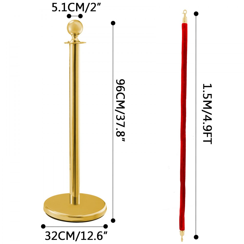 Stainless Steel Crowd Control Stanchions And Velvet Ropes Ball Round Top Gold Pillar 2 Red Ropes 1.5m 3pack