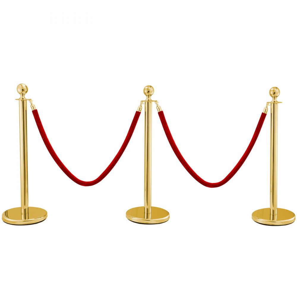 Stainless Steel Crowd Control Stanchions And Velvet Ropes Ball Round Top Gold Pillar 2 Red Ropes 1.5m 3pack