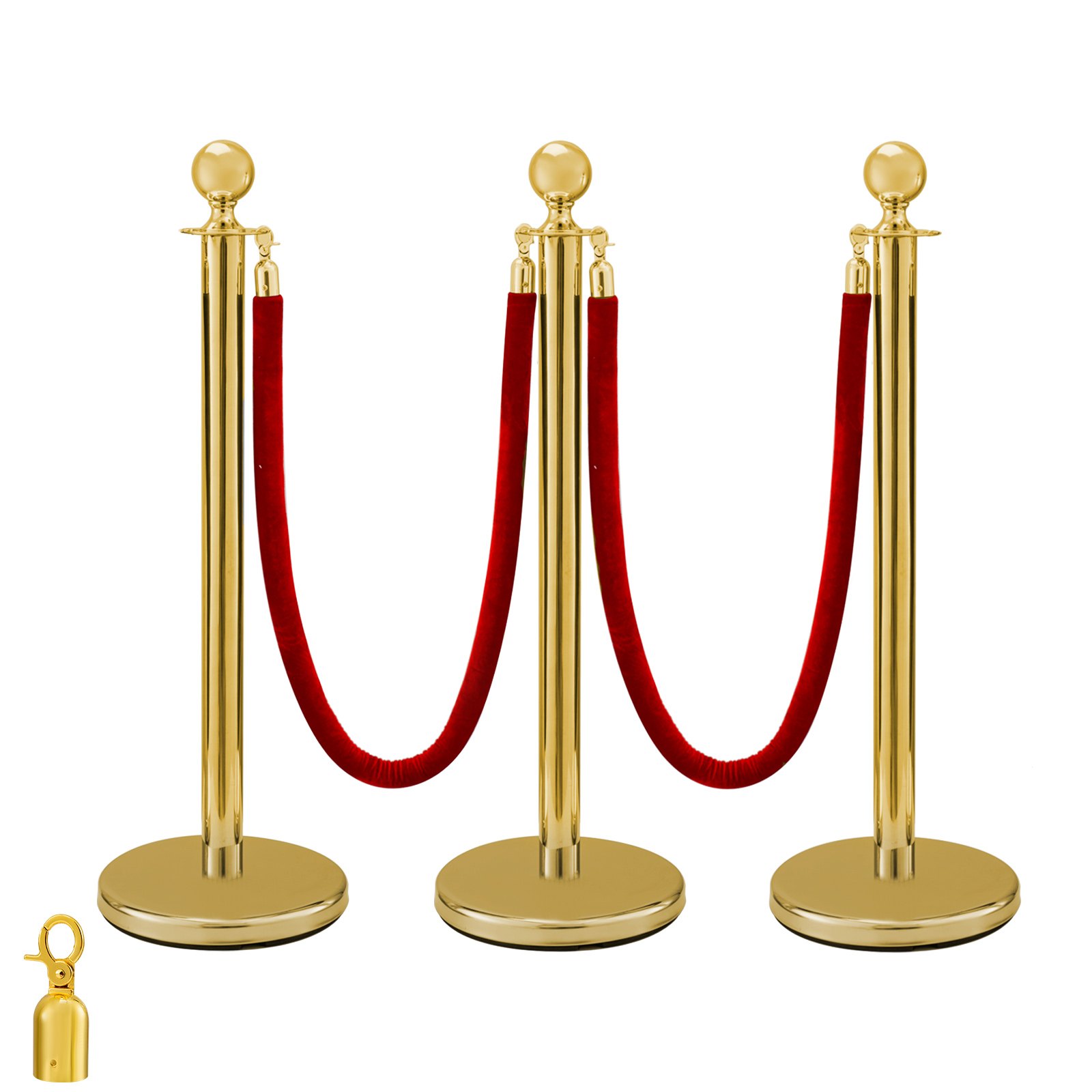 Stainless Steel Crowd Control Stanchions And Velvet Ropes Ball Round Top Gold Pillar 2 Red Ropes 1.5m 3pack