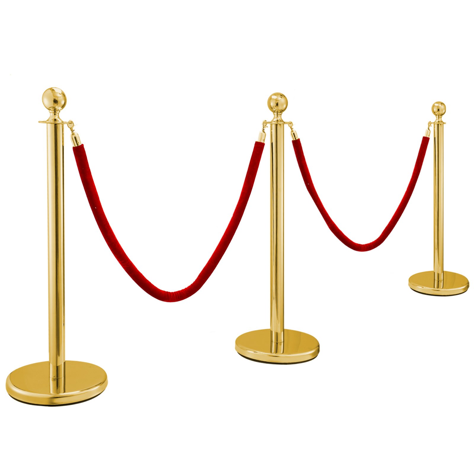 Stainless Steel Crowd Control Stanchions And Velvet Ropes Ball Round Top Gold Pillar 2 Red Ropes 1.5m 3pack