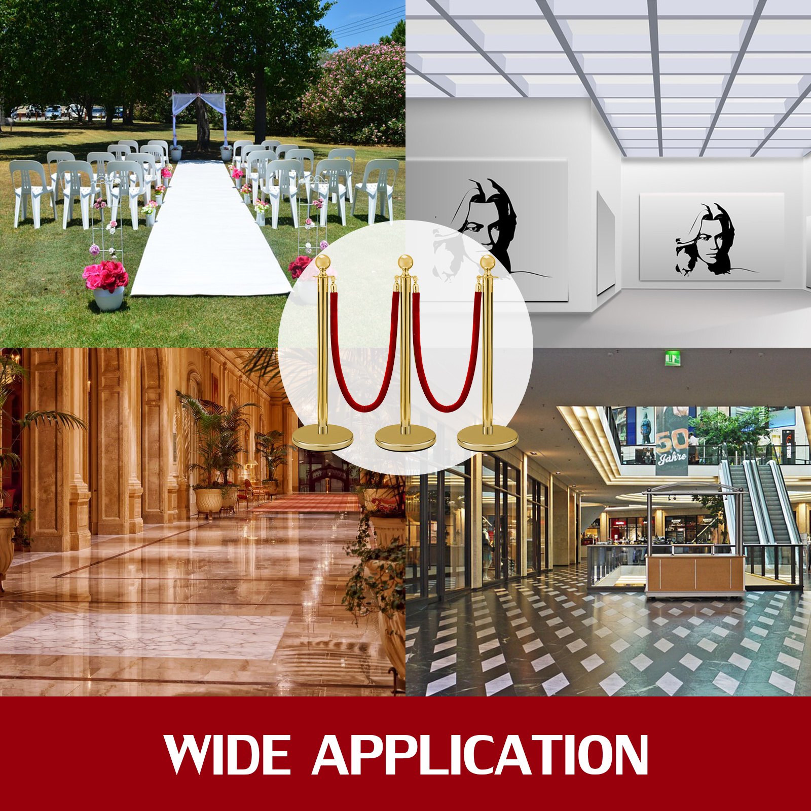 Stainless Steel Crowd Control Stanchions And Velvet Ropes Ball Round Top Gold Pillar 2 Red Ropes 1.5m 3pack