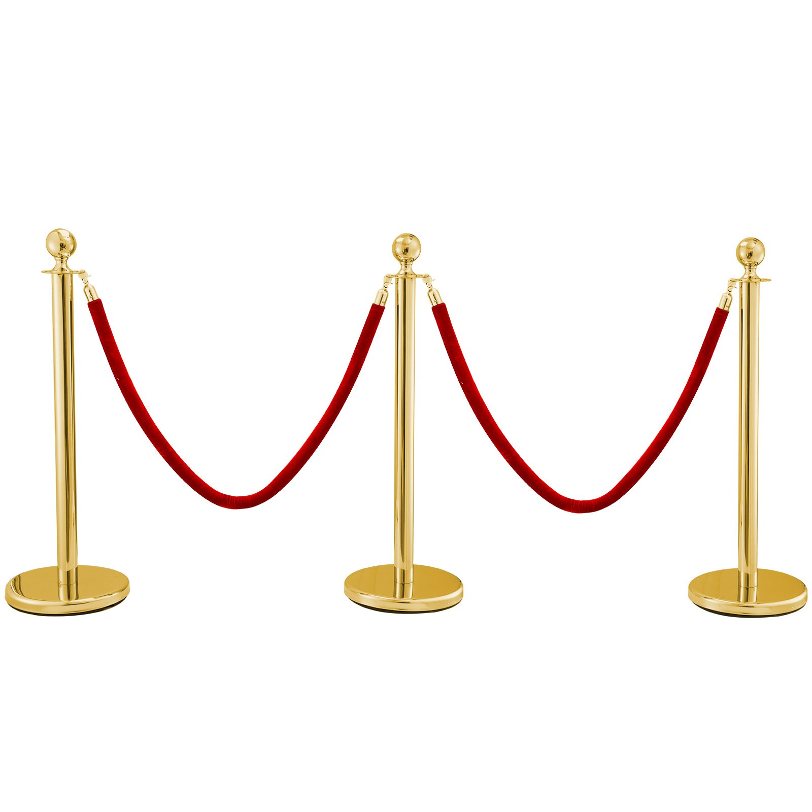 Stainless Steel Crowd Control Stanchions And Velvet Ropes Ball Round Top Gold Pillar 2 Red Ropes 1.5m 3pack