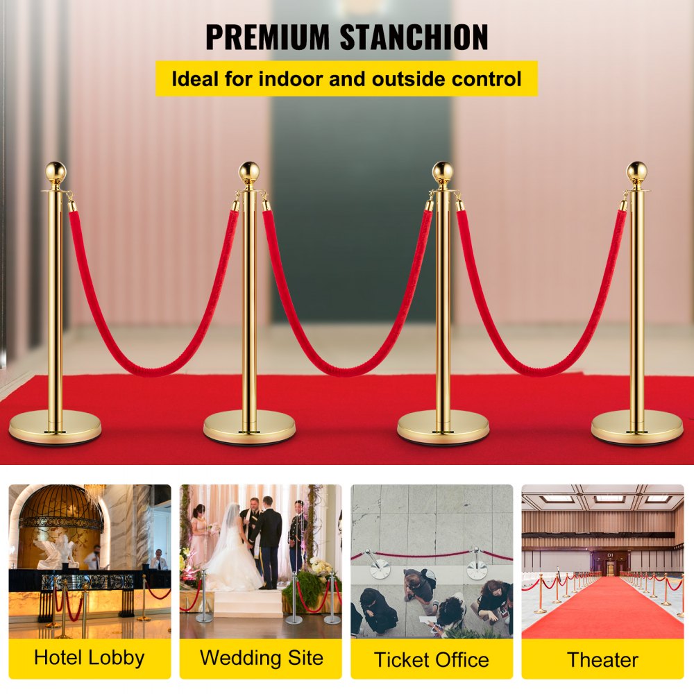 VEVOR Stainless Steel Barrier Posts with Rope, Ball Head, 3 Red Velvet Ropes, Gold Column, 4 Pack Crowd Control Barriers