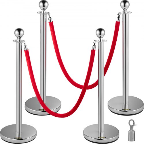 VEVOR Barriere di Controllo della Folla Palo con Corda di Velluto Rosso, 4 Pezzi Paletti per Barriere d'Argento con Corda in Flanella da 1,5 m per Teatri, Hotel, Casinò, Eventi sul Tappeto Rosso, ecc.
