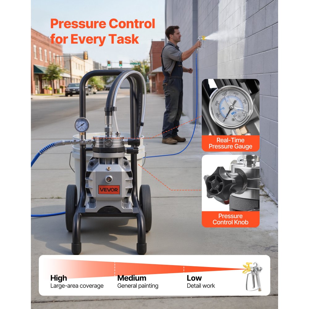 VEVOR Spruzzatore di Vernice Airless a Membrana 1500 W, Macchina a Spruzzo per Vernice a Carrello Airless Pressione max 19,31 MPa Flusso 2,5 L/min, Spruzzatore con Tubo Flessibile 10 m Asta Prolunga