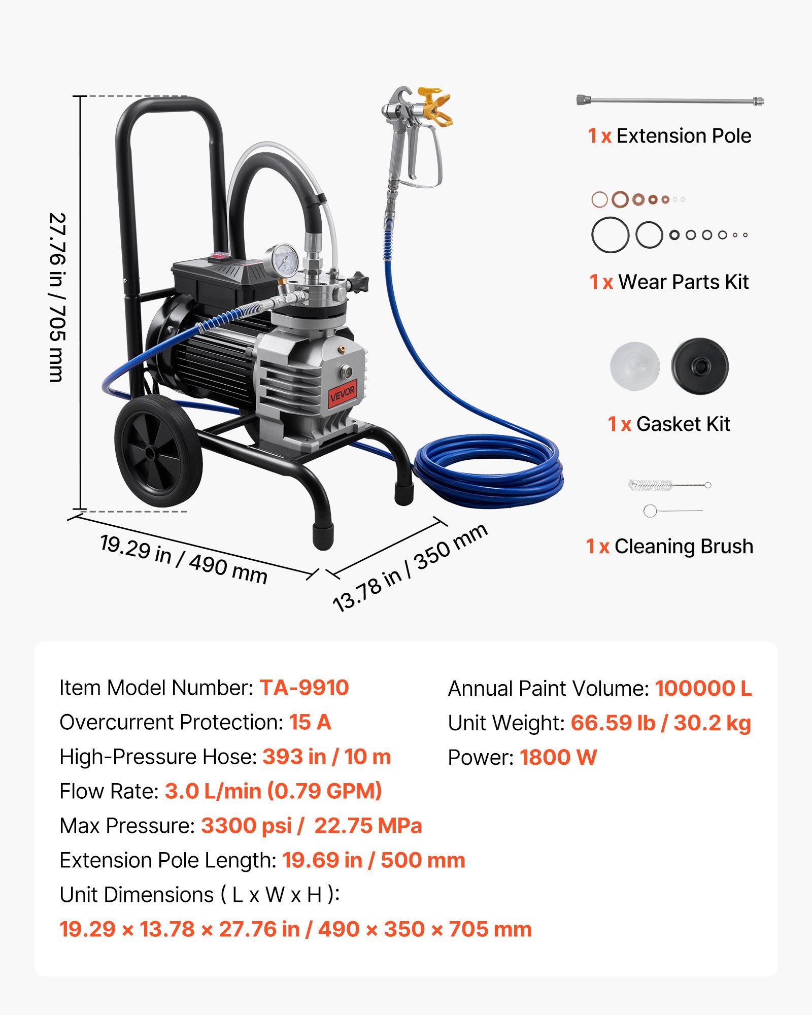 VEVOR Spruzzatore di Vernice Airless a Membrana 1800 W Spruzzatore di Vernice a Carrello Pressione max 22,75 Mpa Tubo Flessibile 10m, Macchina a Spruzzo per Verniciatura Flusso 3,0 L/min per Parete