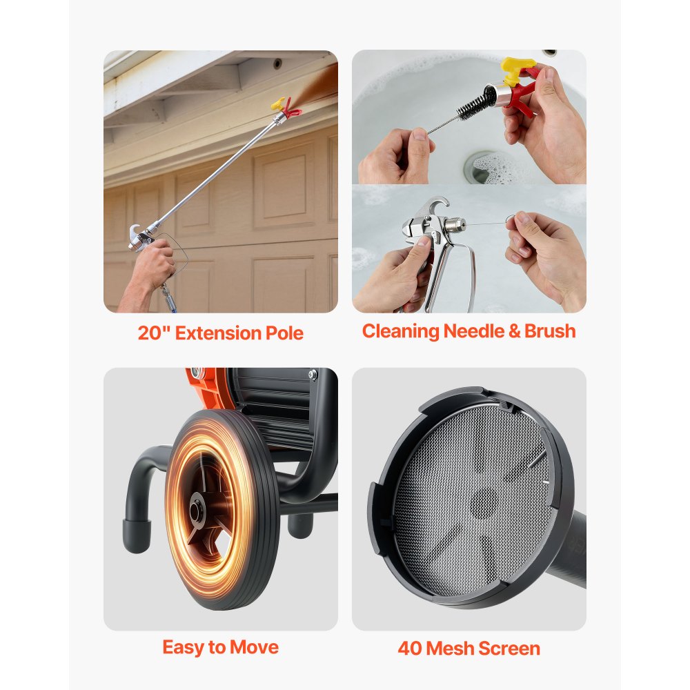 VEVOR Diaphragm Airless Paint Sprayer, 2000 W Efficient Cart Airless Paint Sprayer, 3300 psi High Pressure, with Extension Pole, Cleaning Needle and Brush, for Home Interior and Exterior Spraying