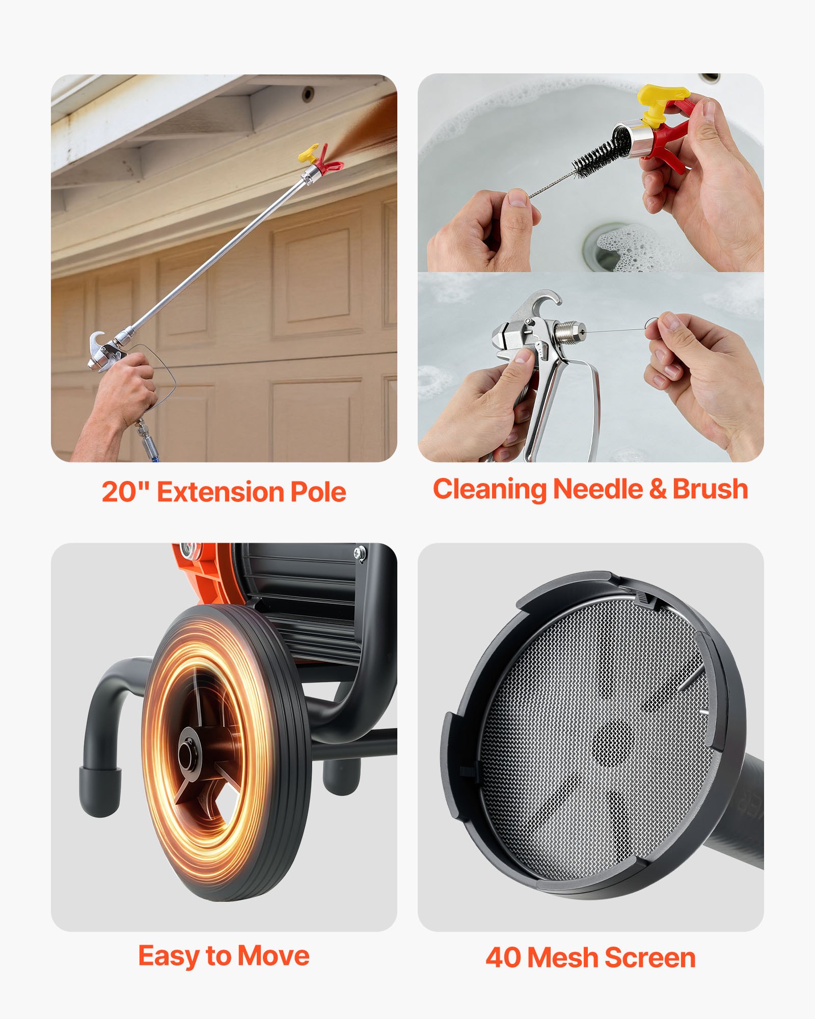 VEVOR Diaphragm Airless Paint Sprayer, 2000 W Efficient Cart Airless Paint Sprayer, 3300 psi High Pressure, with Extension Pole, Cleaning Needle and Brush, for Home Interior and Exterior Spraying