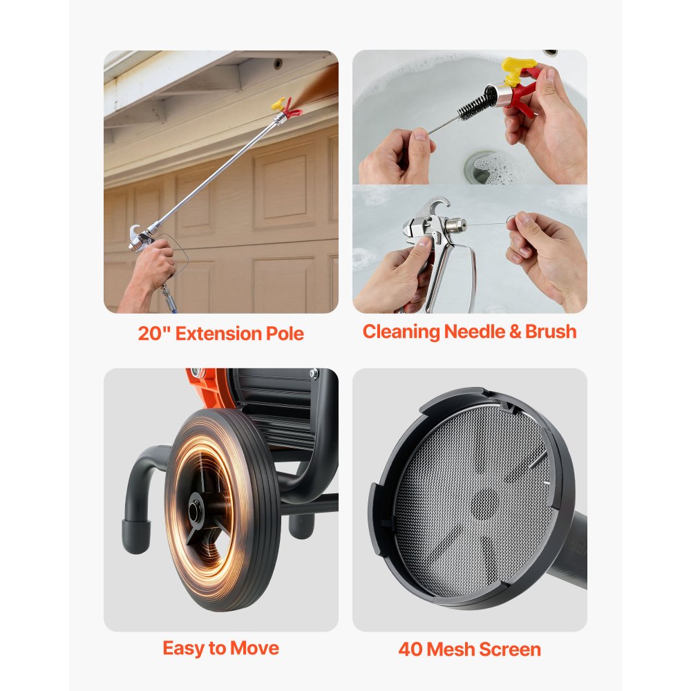 VEVOR Diaphragm Airless Paint Sprayer, 900 W Efficient Cart Airless Paint Sprayer, 2200 psi High Pressure, with Extension Pole, Cleaning Needle and Brush, for Home Interior and Exterior Spraying