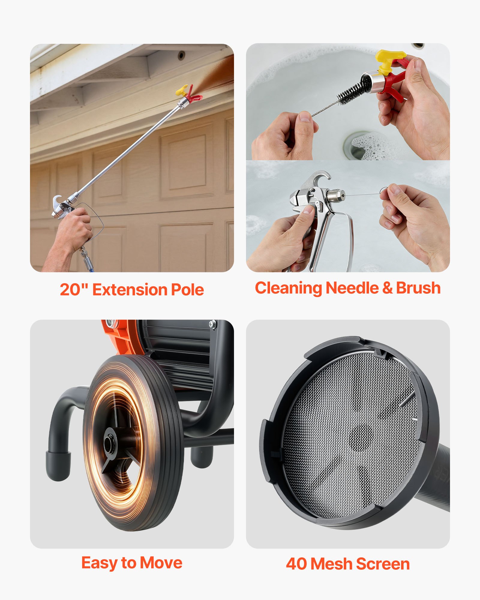 VEVOR Diaphragm Airless Paint Sprayer, 900 W Efficient Cart Airless Paint Sprayer, 2200 psi High Pressure, with Extension Pole, Cleaning Needle and Brush, for Home Interior and Exterior Spraying