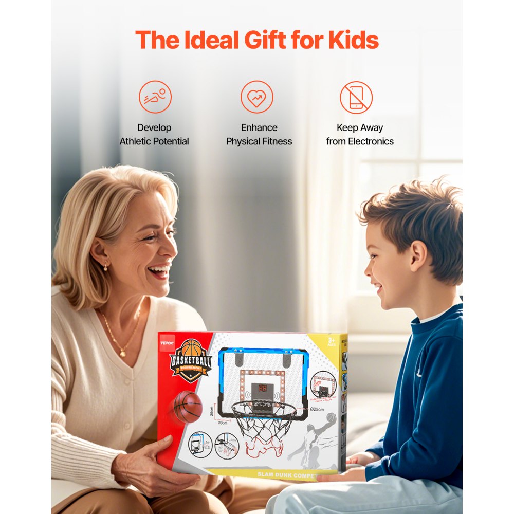 VEVOR Canestro da Basket per Bambini, Blu, Mini Canestro da Basket con Tabellone Elettronico, Canestro da Basket Sopra Porta con Funzioni di Punteggio e Accompagnamento Musicale, Luce LED, per Bambini