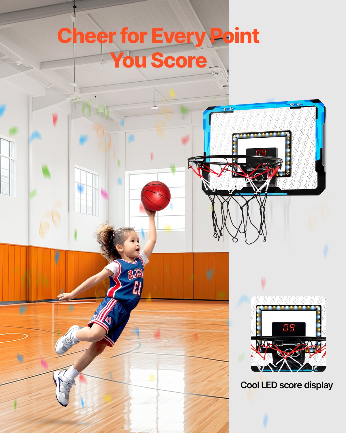 VEVOR Canestro da Basket per Bambini, Blu, Mini Canestro da Basket con Tabellone Elettronico, Canestro da Basket Sopra Porta con Funzioni di Punteggio e Accompagnamento Musicale, Luce LED, per Bambini