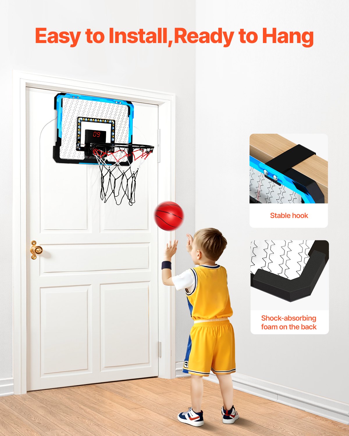 VEVOR Canestro da Basket per Bambini, Blu, Mini Canestro da Basket con Tabellone Elettronico, Canestro da Basket Sopra Porta con Funzioni di Punteggio e Accompagnamento Musicale, Luce LED, per Bambini