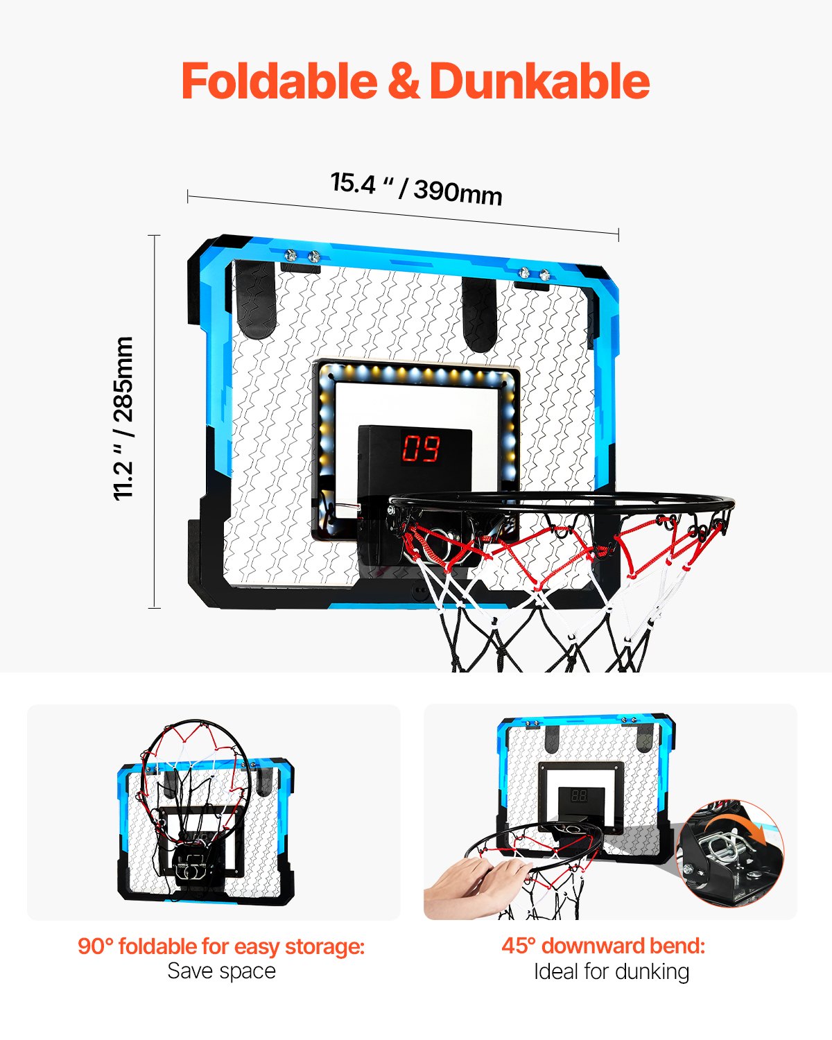 VEVOR Canestro da Basket per Bambini, Blu, Mini Canestro da Basket con Tabellone Elettronico, Canestro da Basket Sopra Porta con Funzioni di Punteggio e Accompagnamento Musicale, Luce LED, per Bambini