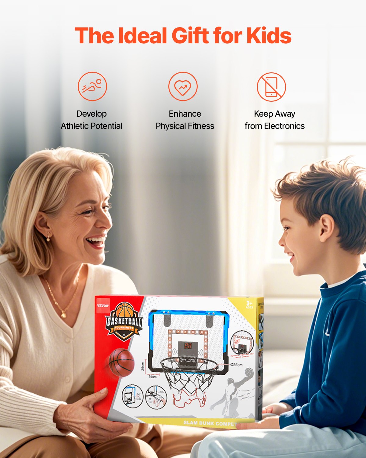 VEVOR Canestro da Basket per Bambini, Blu, Mini Canestro da Basket con Tabellone Elettronico, Canestro da Basket Sopra Porta con Funzioni di Punteggio e Accompagnamento Musicale, Luce LED, per Bambini